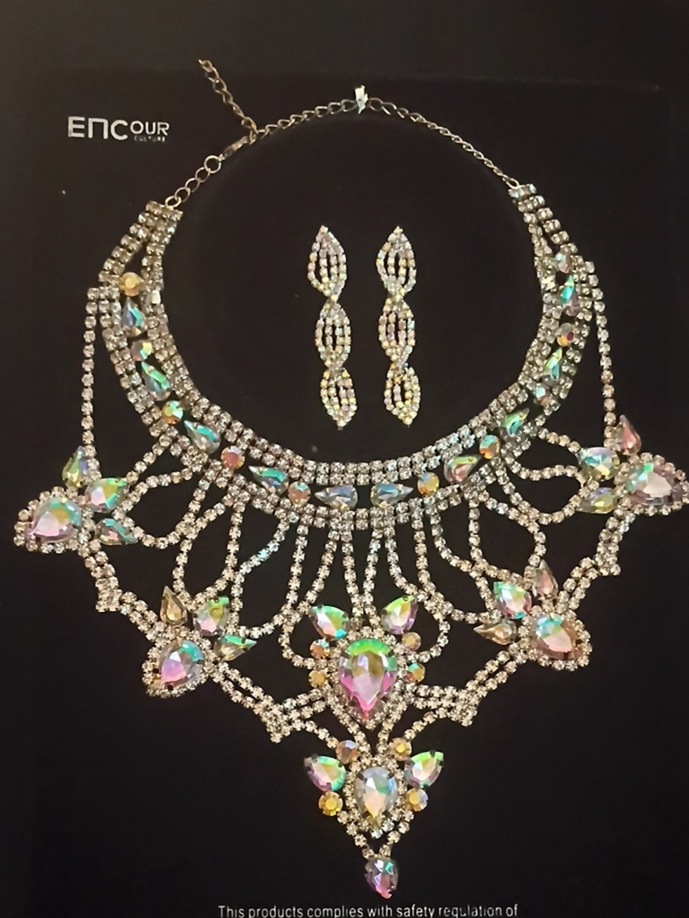 Encour Iridescent Crystal Statement Necklace with Matching Earrings - Multicolor